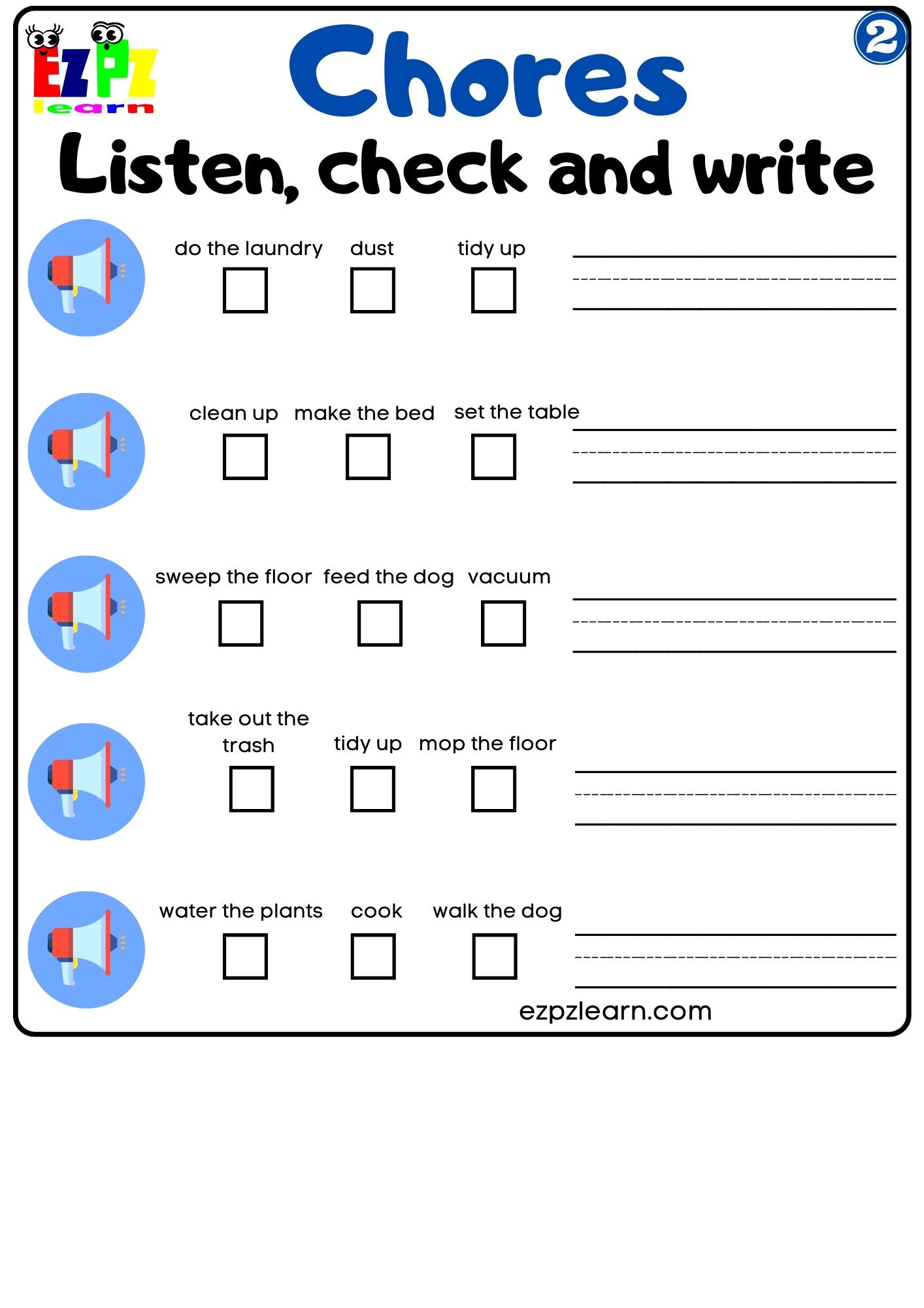 Chores Interactive Worksheet Listen Check And Write The Words Activity